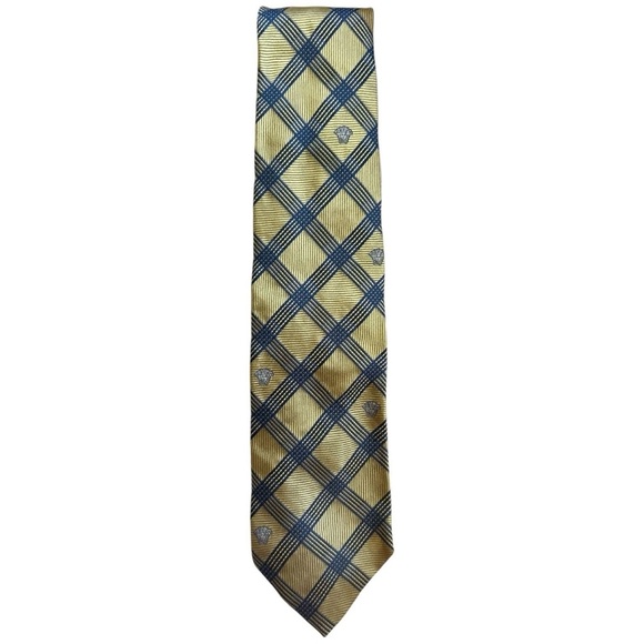 Versace 100% Silk Tie Gold & Navy Plaid Medusa Head | Made in Italy | 60” - Picture 1 of 4